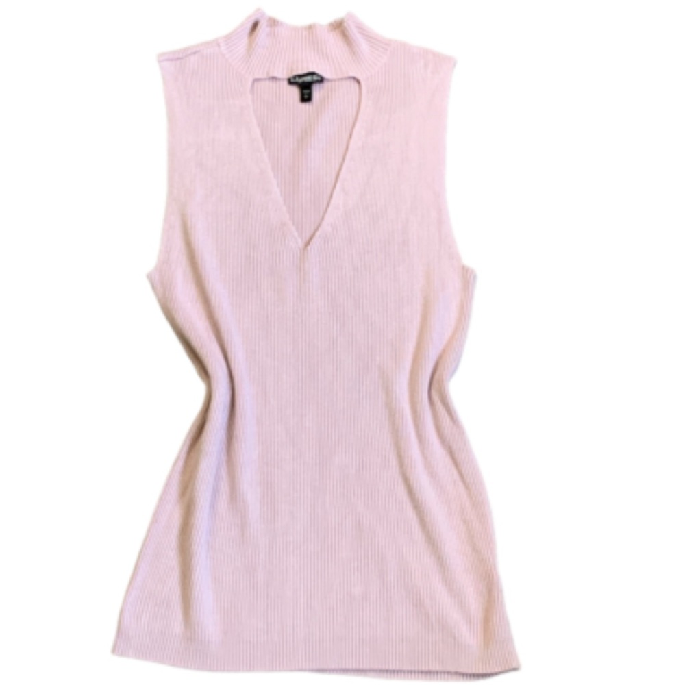 Express L Sleeveless V-Neck/Mock-Cut-Out Pink Rib Knit Top Barbiecore 48Q